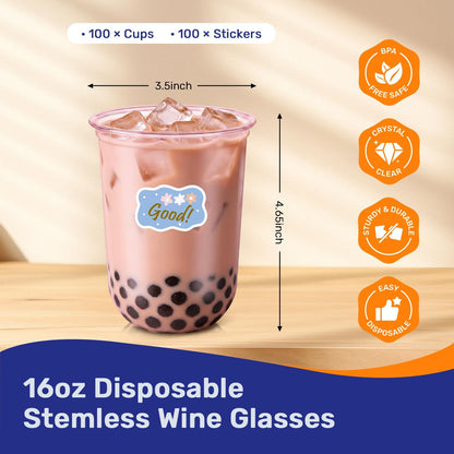 50 Pack 16oz Round Bottom Plastic Cups with Stickers, Clear Disposable Cocktail Cups for Party, Disposable Wine Glasses for Wedding, Birthday, Gathering, Drinks, Cold Beverage