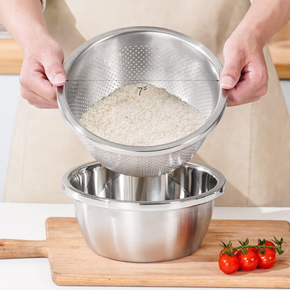 304 Stainless Steel Colander 5QT Microporous Colander & Large Bowl for Kitchen,Rice Strainer with Salad Mixing Bowl for Pasta Straining,Fruit Washing,Vegetable Draining,Food Mixing(2PCs)