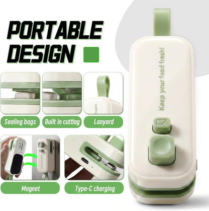 2 in 1 Mini Bag Sealer, Rechargeable Heat Sealer with Cutter and Magnet, Portable Chip Bag Resealer for Food Storage Snacks Freshness (Green)