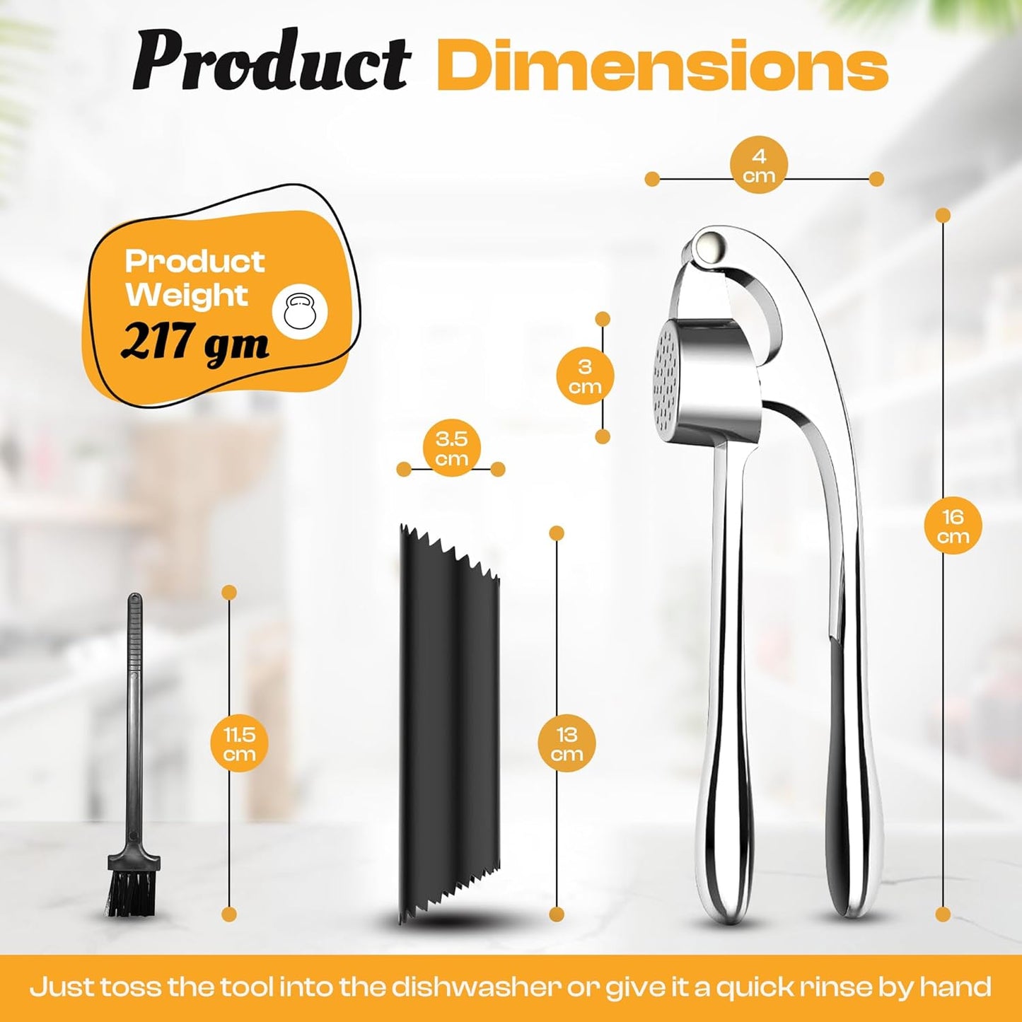 Garlic Press Premium 3 Piece Set - Dishwasher Safe Professional Mincer with Soft Ergonomic Handle, Silicone Peeler, and Cleaning Brush