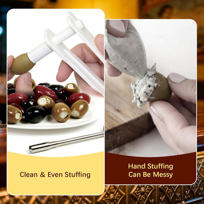 Olive Stuffer Tool Set & 8 Stainless Steel Martini Picks, Food Grade Olive Stuffing Tool for Stuffed Olives, Blue Cheese and Garlic Fillings, Reusable Cocktail Picks for Martinis, Drinks