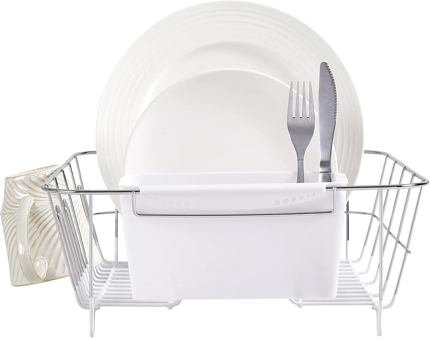 Dish Drying Rack & Cutlery Holder 2 Piece Set - Compact Sink-Fitting Dish Drainer with Rubberized Undercoating, Space-Saving Kitchen Organizer for Plates, Cups, Bowls & Utensils in Sink, Silver