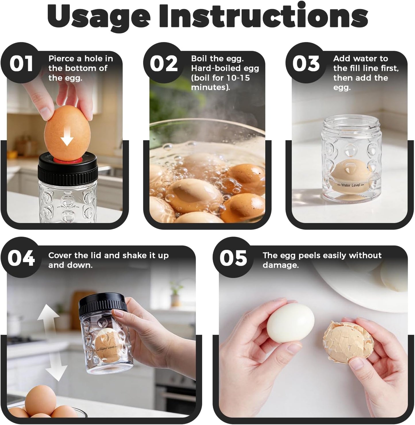2 in 1 Egg Peeler with Piercer, Hard Boiled Egg Shell Remover Tool with Rotary Lock & Leak-Proof Design, Clear Egg Peeler for Meal Prep, Fitness, Camping & Deviled Eggs, Easy to Use & Clean (White)