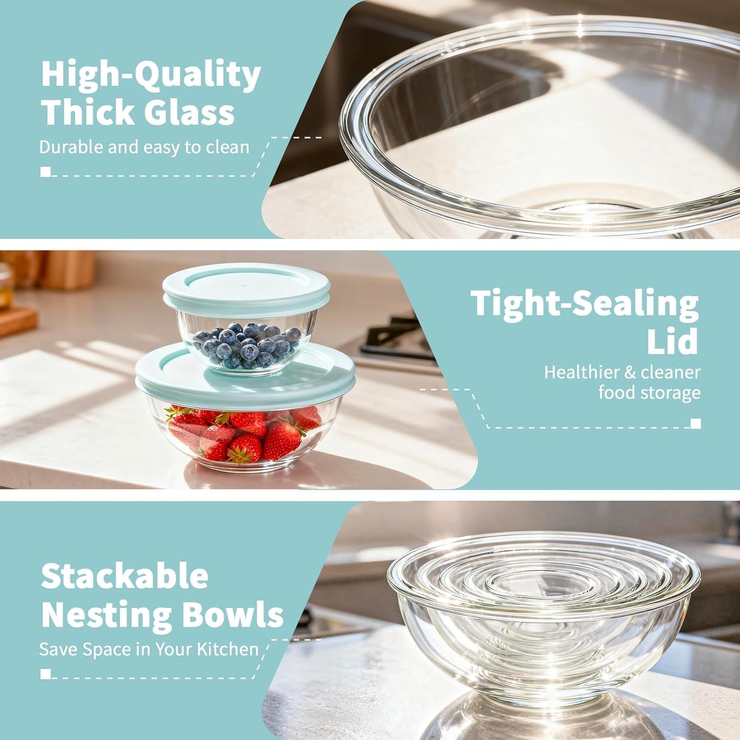 WhiteRhino Glass Mixing Bowls Glass Bowls with Lids Set(4.5QT,2.7QT, 1.1QT),Large Salad Bowls,glass mixing bowl Space-Saving Nesting Storage bowls for Cooking,Baking,Prepping,Dishwasher Safe