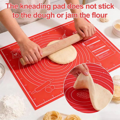 Silicone Baking Mat with Measurement, Non-Slip Pastry Mat, Non-Stick Bread Making Tools with Rolling Pin Dough Scraper and Brush for Pastry Bread Cookies Pizza(18x24in)