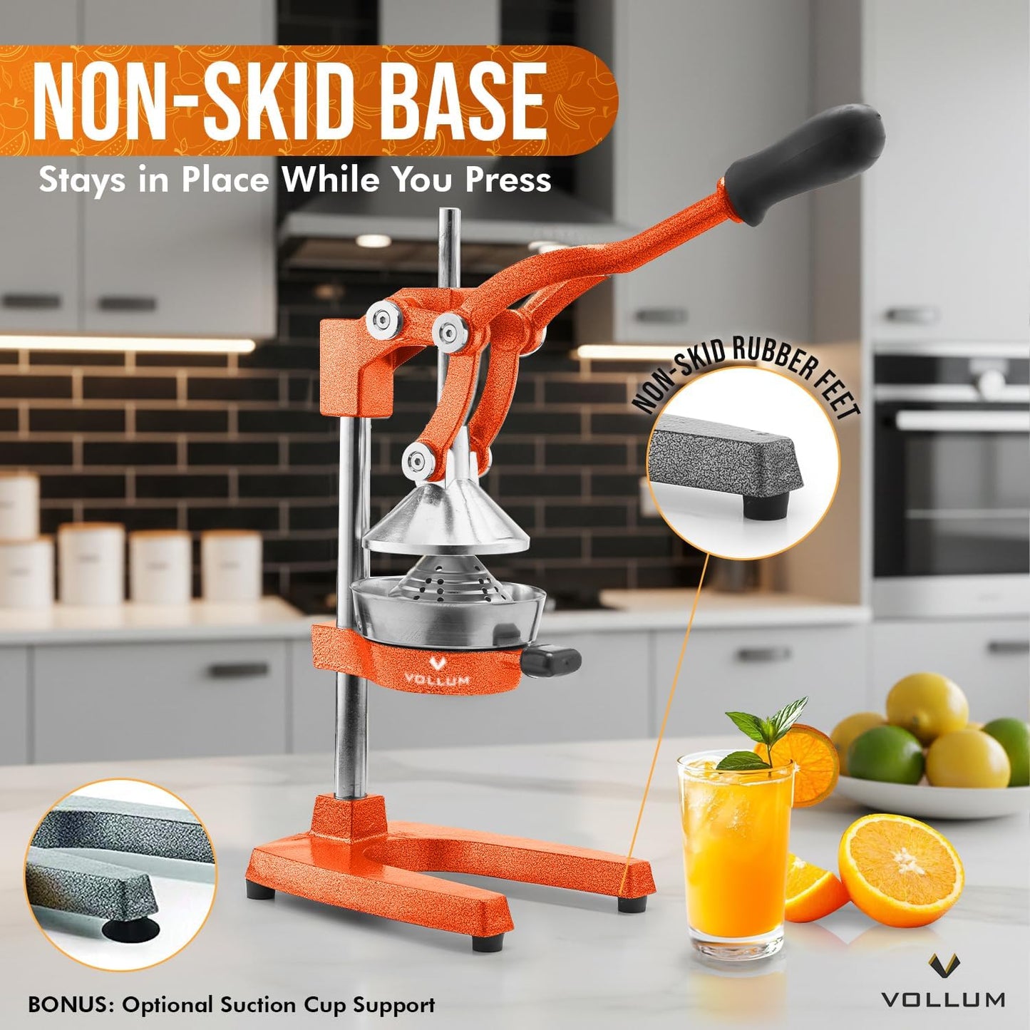 Vollum Hand Press Manual Citrus Juicer - citrus squeezer Commercial Grade Home Orange juice Squeezer for Oranges, Lemons, Limes - Stainless Steel and Cast Iron Non-skid Suction Cup Base- 15 Inch, Gray