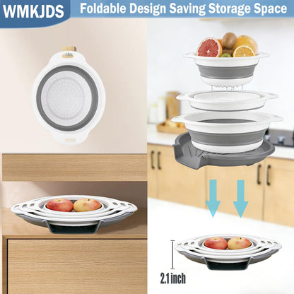 Collapsible Colanders Food Strainers, 3-Pack Foldable Kitchen Strainers with Over-Sink Water Draining Tray, Space Saving Kitchen Drainer for Vegetables, Fruit, Pasta and Rice (White-Gray)