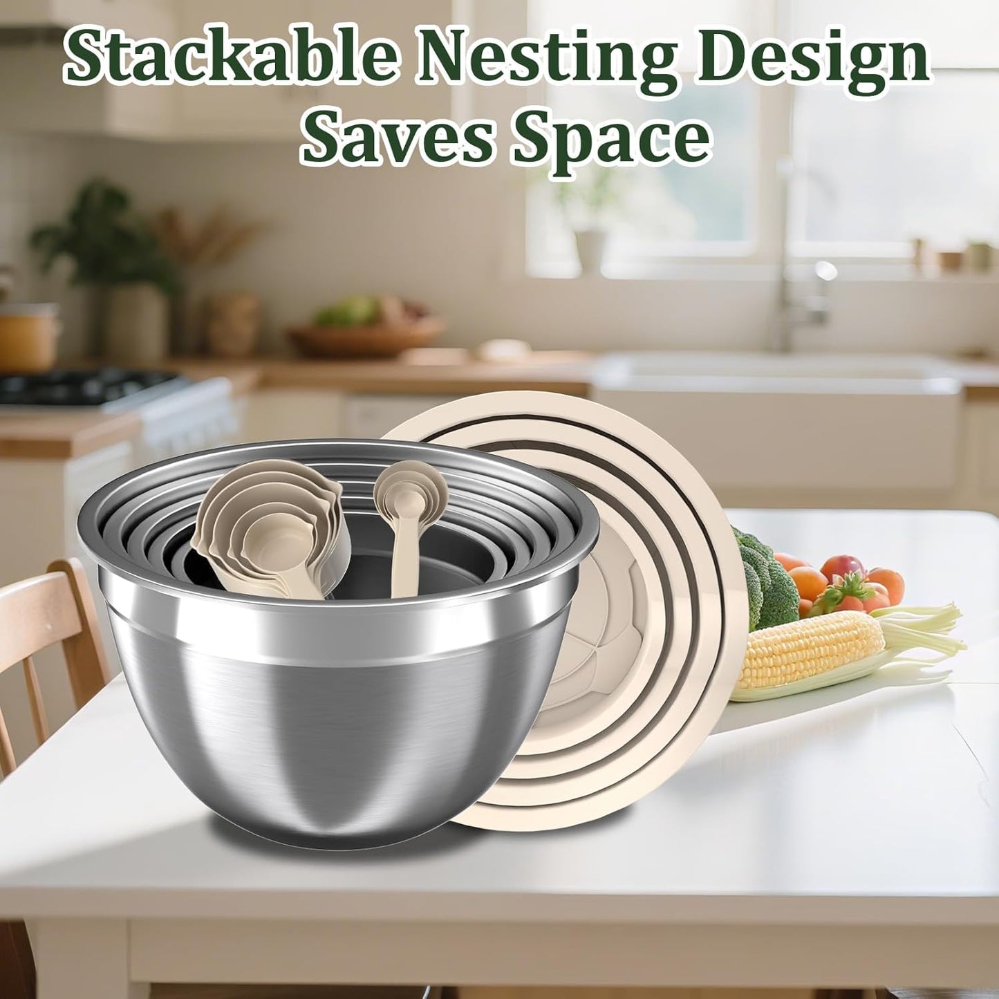 Mixing Bowls with Airtight Lids Set, 4 Stainless Steel Bowls Nesting Bowls & Colander, Kitchen Organizers and Storage Non-Slip Bottom, Size 1.5/2.0/2.5/4.5QT, Great for Mixing & Serving, Khaki