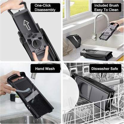 Safe Mandoline Slicer for Kitchen, 6 in 1 Vegetable Chopper, French Fry Cutter For Potatoes, Potato Slicer,Food Chopper,Adjustable Thickness 0.1-8 mm, With Peeler/Cleaning Brush (Black)