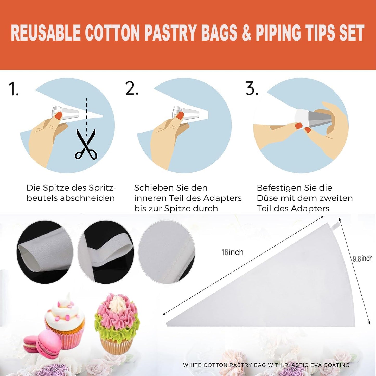 17 Pcs Large Piping Tips, Reusable Piping Bags and Tips Set - 16inch Cotton Pastry Bags & piping coupler, Stainless Steel Frosting Piping Kit & cleaning brush for cupcake,cake,cookie Decorating