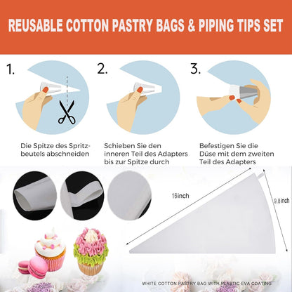 17 Pcs Large Piping Tips, Reusable Piping Bags and Tips Set - 16inch Cotton Pastry Bags & piping coupler, Stainless Steel Frosting Piping Kit & cleaning brush for cupcake,cake,cookie Decorating