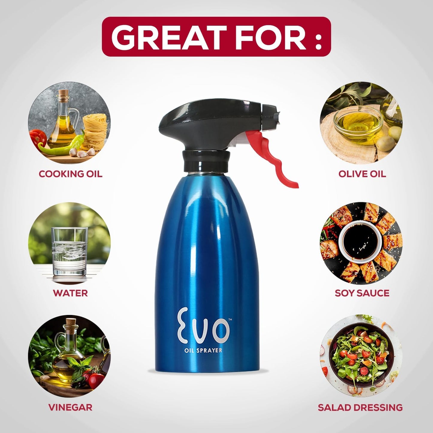 Evo Oil Sprayer 18/8 Stainless Steel, Non-Aerosol for Olive, Cooking Oils, and Vinegars, Silver, 16-Ounce Capacity