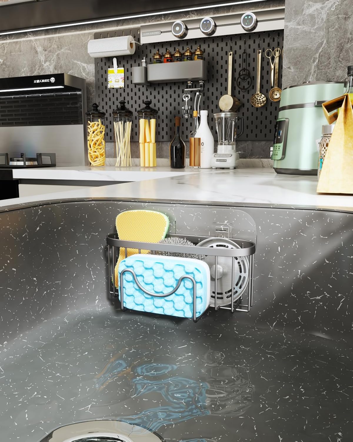 HapiRm Multifunctional Sponge Holder with Unique M-Shaped, 2 Installation Methods Kitchen Sink Caddy Organizer, Rustproof Stainless Steel Kitchen Organizers and Storage Essentials - Black