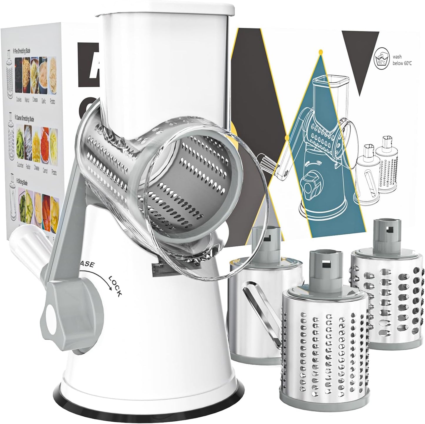 Cambom 5 in 1 Rotary Cheese Grater Hand Crank Cheese Shredder for Fresh Cheese, Vegetable, Nuts,Non-slip Suction Base, Black