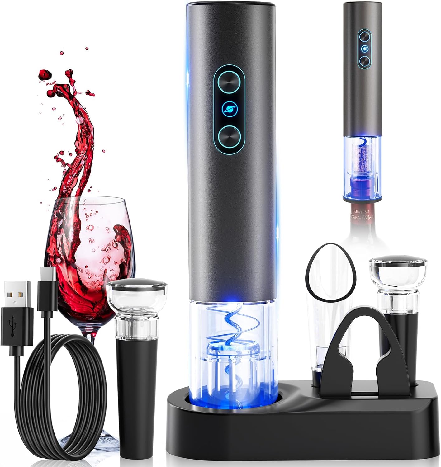 Electric Wine Opener, Rechargeable Cordless Wine Accessories, Stainless Steel Cordless Automatic Wine Bottle Corkscrew with Vacuum Stoppers, Foil Cutter for Home Party Wedding, Bars(Black)