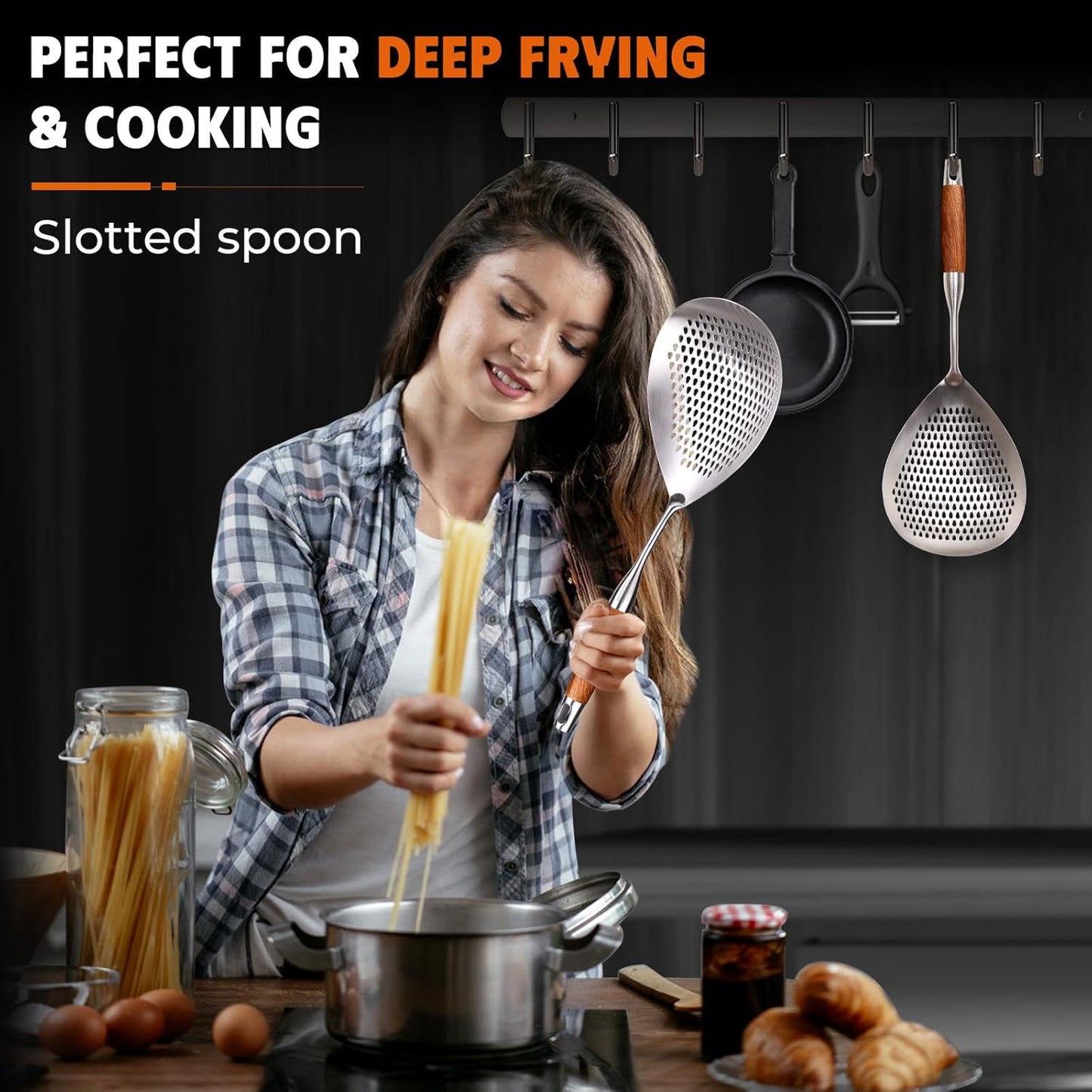 MARTE Skimmer Slotted Spoon Set of 4 - Kitchen Pasta Strainer Spoon - Spider Strainer Skimmer Ladle Spoon with Holder for Cooking and Frying Food, Spaghetti, Vegetable, Dumpling - 14.8In,16.5In,17In