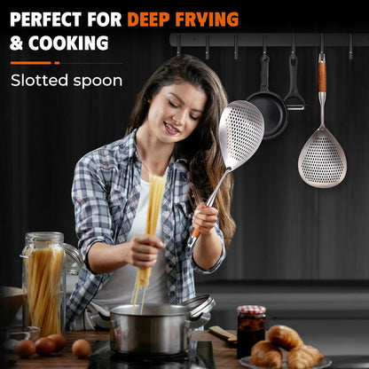 MARTE Skimmer Slotted Spoon Set of 4 - Kitchen Pasta Strainer Spoon - Spider Strainer Skimmer Ladle Spoon with Holder for Cooking and Frying Food, Spaghetti, Vegetable, Dumpling - 14.8In,16.5In,17In