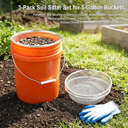 Gardening Sieve with Mesh Strainer, Soil Sifter Screens for 5 Gallon Buckets, Iron Bucket-Top Sieve Set with Gloves, 3/8 inch, 1/4 inch and 1/8 inch Mesh for Compost, Sawdust and Worm Castings