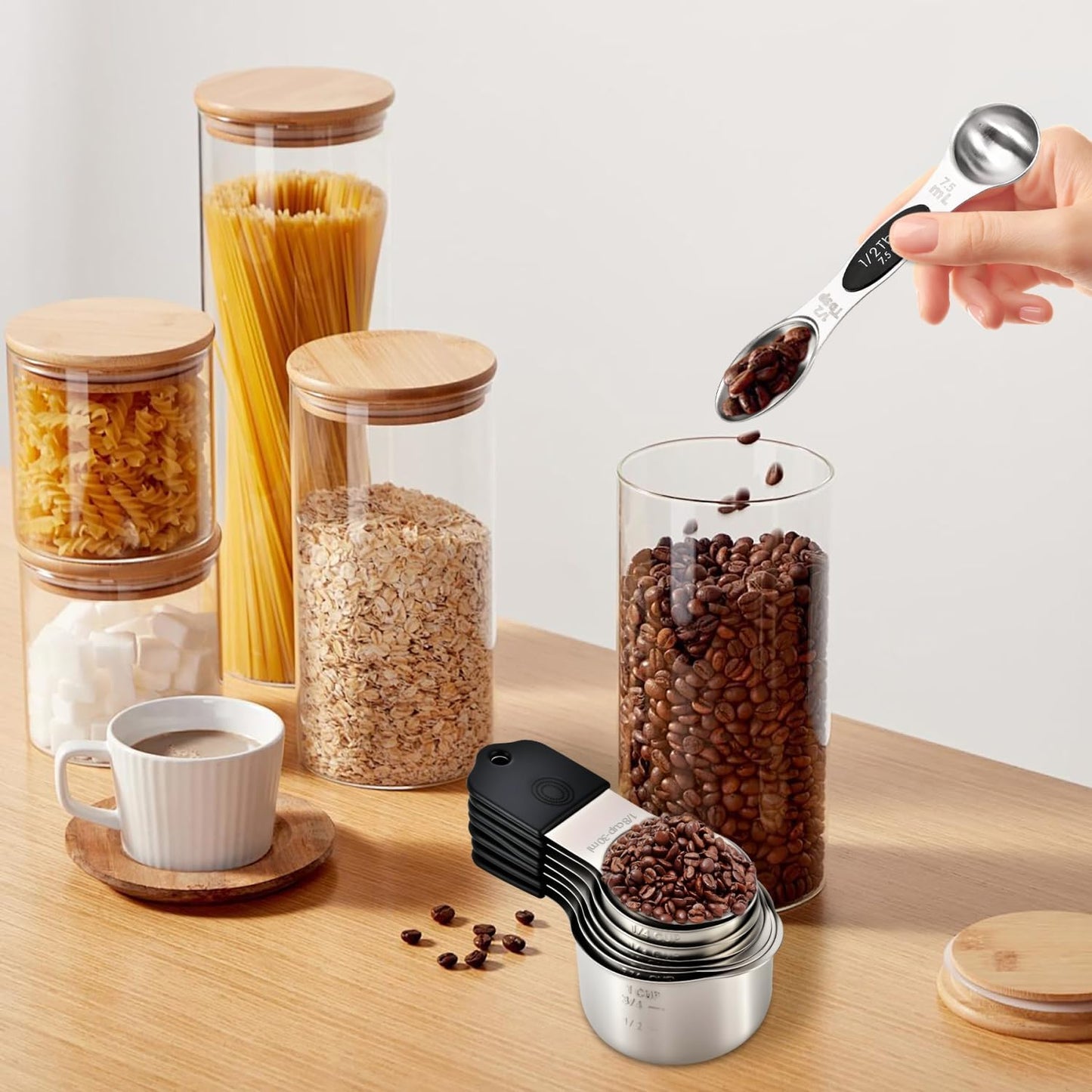 16-Piece Magnetic Measuring Cups and Spoons Set, Stainless Steel with Non-Slip Silicone Handles and Leveler, Essential Kitchen Baking Tools (Multicolor)