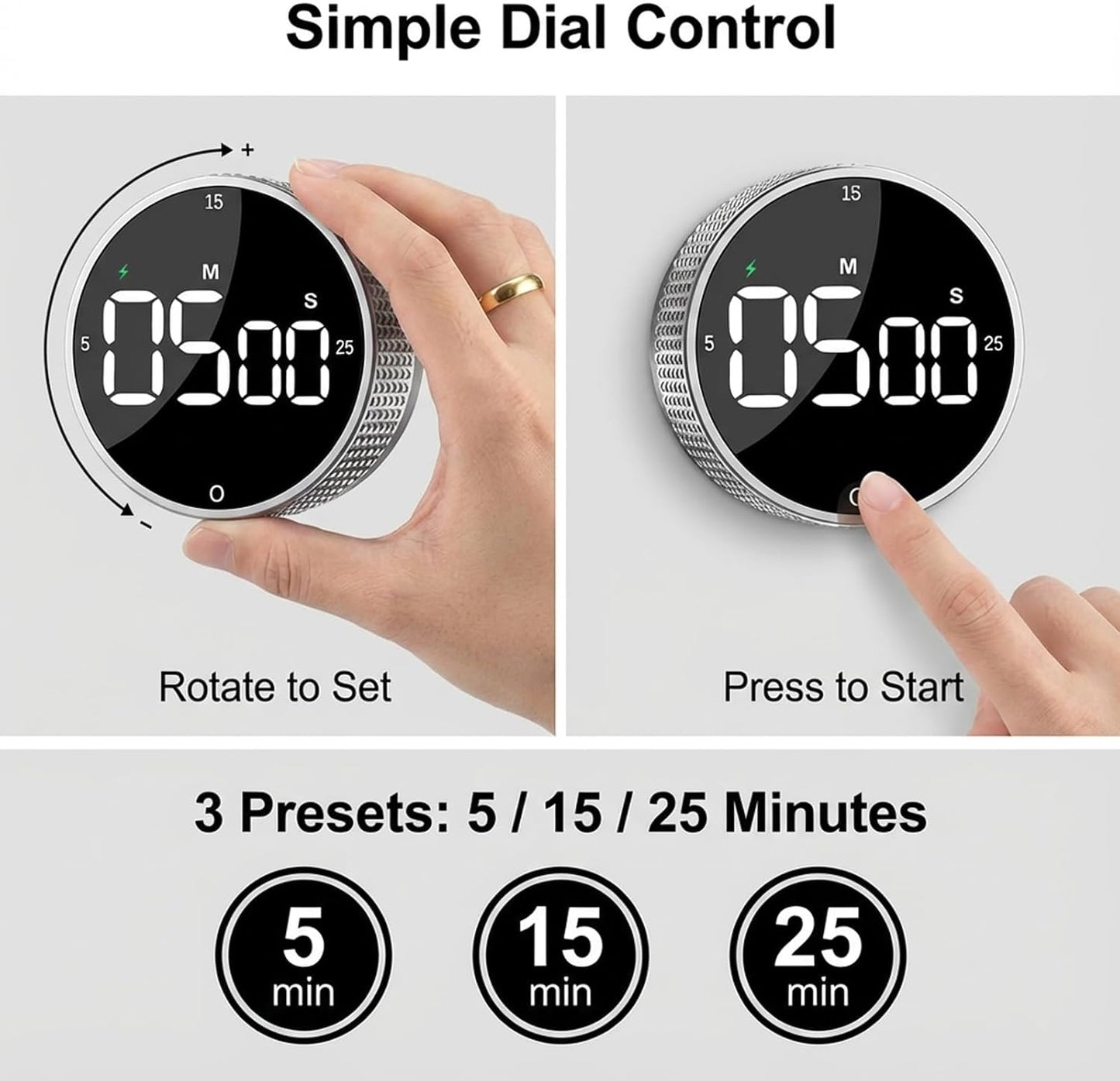 Rechargeable Magnetic Kitchen Timer, LED Countdown/Count-Up Timer, Supports USB-C Charging, with Loud Alarm, 3 Preset Quick Times (5/15/25m), Perfect for Kitchen Cooking, Studying, and Fitness