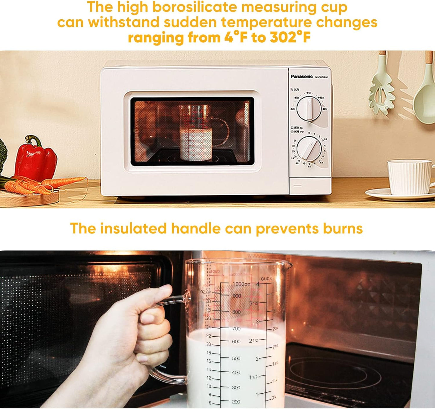 77L Glass Measuring Cup with Handle, [Double-Sided Measuring Scale, V-Shaped Spout, Insulated handle], High Borosilicate Glass Measuring Cup with Three Scales (OZ, Cup, ML) for Liquid (4 Cup)
