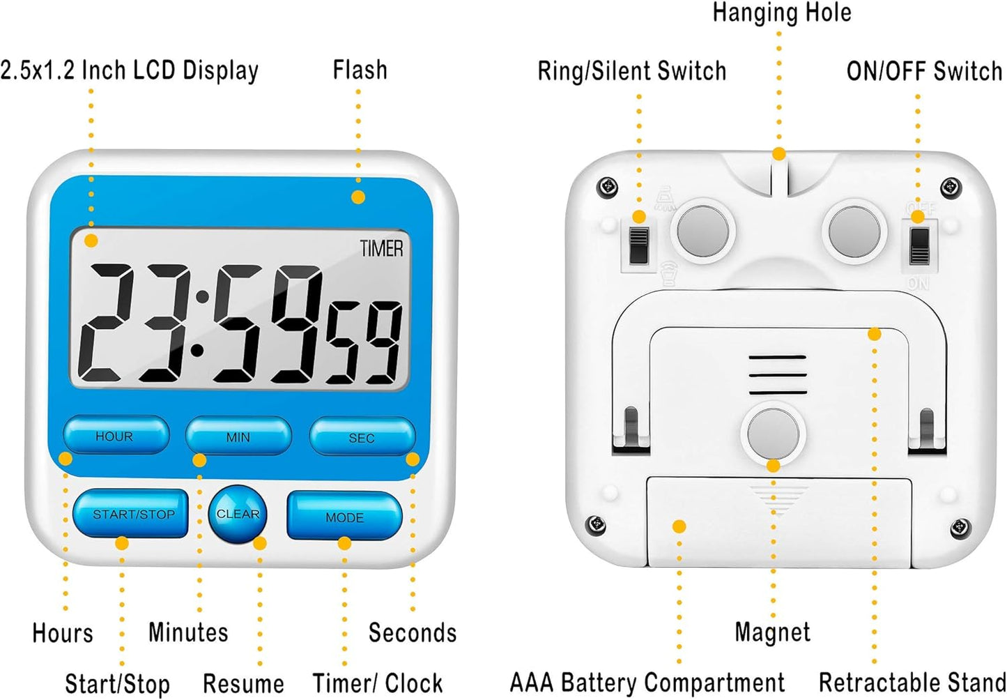 KTKUDY Digital Kitchen Timer with Mute/Loud Alarm Switch ON/Off Switch, 12-Hour Clock & Alarm, Memory Function Count Up & Count Down for Kids Teachers Cooking, Large LCD Display, Strong Magnet (Black)