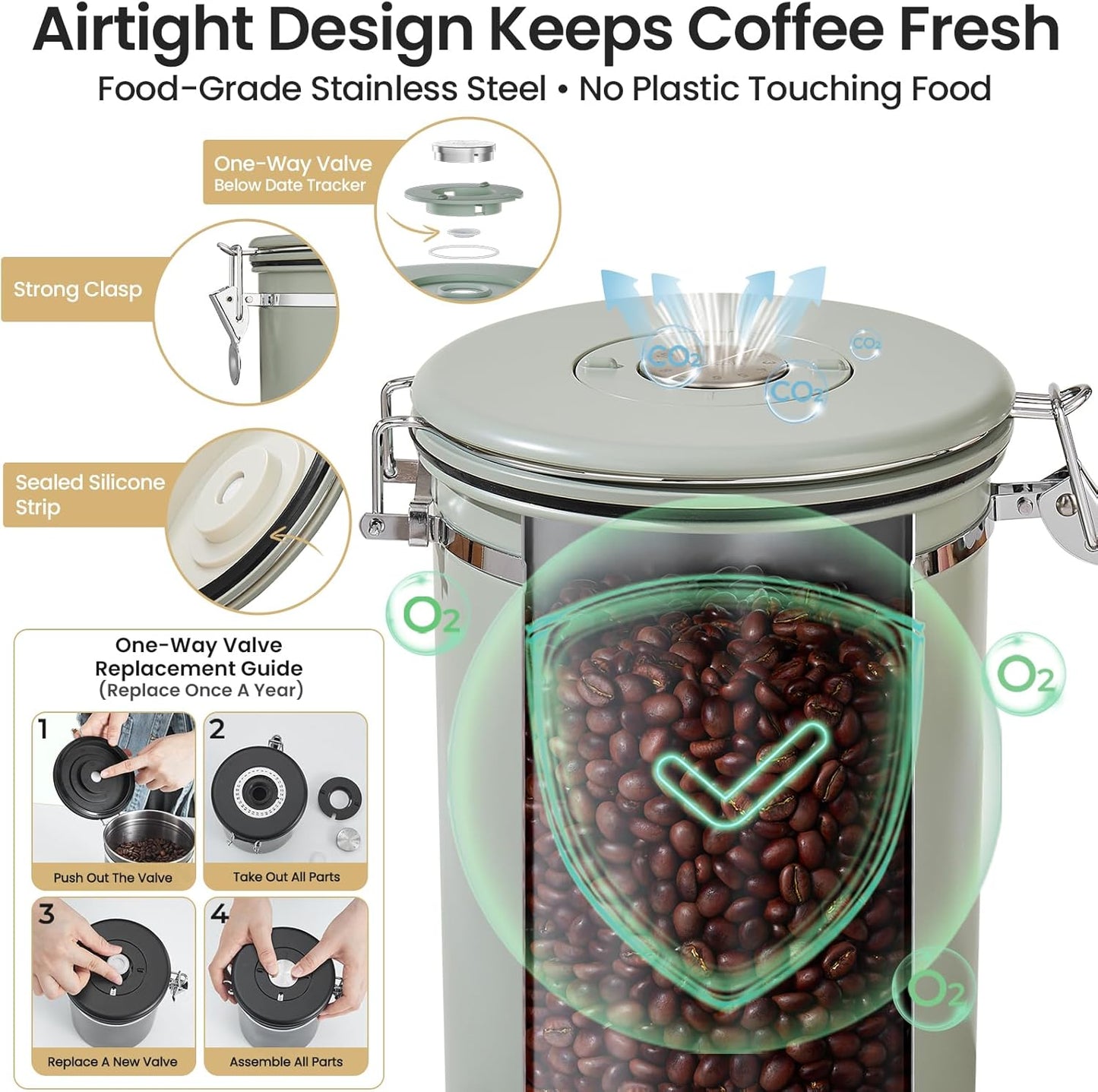Veken Coffee Canister, Airtight Stainless Steel Kitchen Food Storage Container with Date Tracker and Scoop for Beans, Grounds, Tea, Flour, Cereal, Sugar, Cookie, 16OZ, Cream