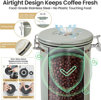 Veken Coffee Canister, Airtight Stainless Steel Kitchen Food Storage Container with Date Tracker and Scoop for Beans, Grounds, Tea, Flour, Cereal, Sugar, Cookie, 16OZ, Cream