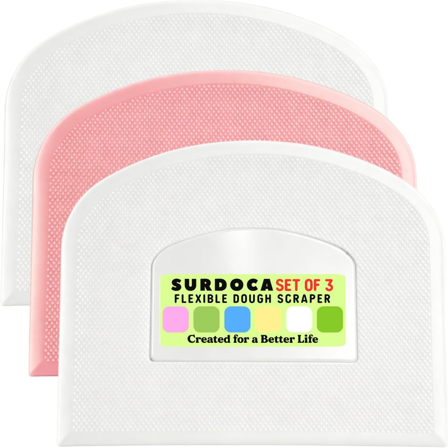SURDOCA Dough Scraper Bench Scraper - 3P 4.7x3.7" Plastic Flexible Bowl Scraper, Sharp Edge & Angles Cake Scraper. Non-Slip Bakeware Decorating Tools Sculpting & Modeling Tools - Green+White+Green - Colors B