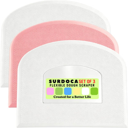 SURDOCA Dough Scraper Bench Scraper - 3P 4.7x3.7" Plastic Flexible Bowl Scraper, Sharp Edge & Angles Cake Scraper. Non-Slip Bakeware Decorating Tools Sculpting & Modeling Tools - Green+White+Green - Colors B