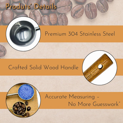 Coffee Scoop with Wooden Handle, 1 Tablespoon/ 15 ml, 304 Stainless Steel Measuring Spoon for Ground Coffee, Espresso, Tea, Protein Powder, Spices (6 Pack)