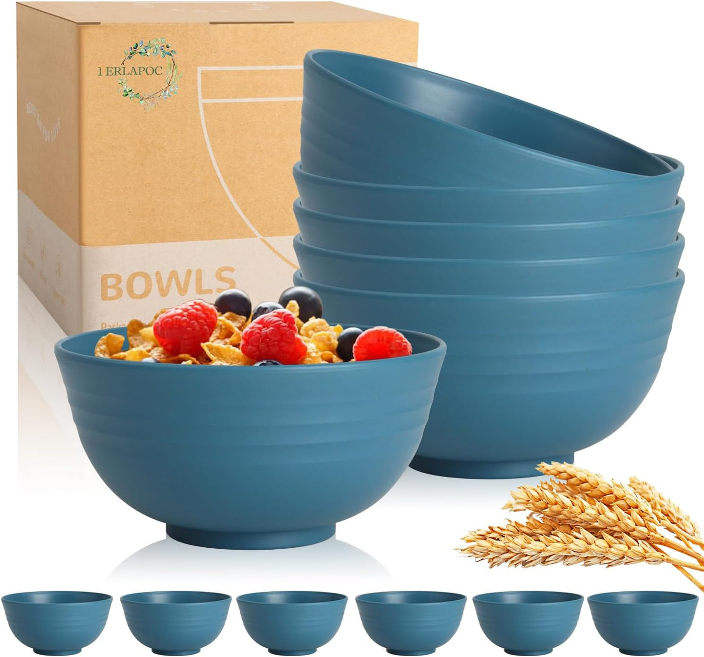 Wheat Straw Bowls Set with Lids, Unbreakable 40 OZ Cereal Bowls Set of 4, Salad Container for Lunch, Microwave & Dishwasher Safe Bowl Set for Kitchen, Picnic, RV, Camping, Multi