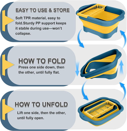 2Pack Collapsible Dish Basin with Drain Plug and Portable Sink, 11L(2.91 Gallon) Collapsible Bucket with Sink, Foldable Wash Basin for Station Campin/Camping/Rv/Kitchen (Green and Yellow)