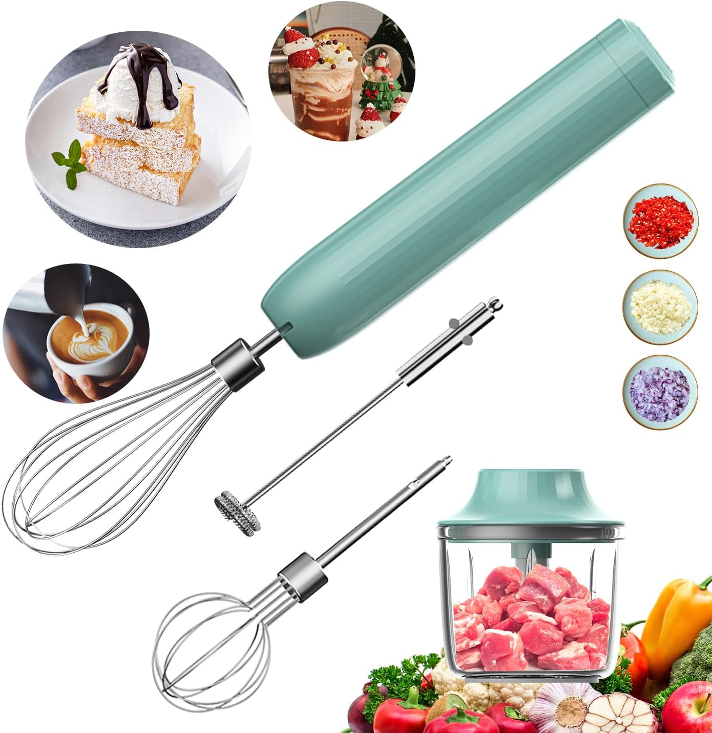 Cordless Hand Mixer MixgoII, Handheld Mixer Electric Whisk & Milk Frother, Hand Held Mini Mixers, Rechargeable Hand Mixer and Whisker, Food Processor for Cooking, Food Chopper, 4-Speed, 10Oz