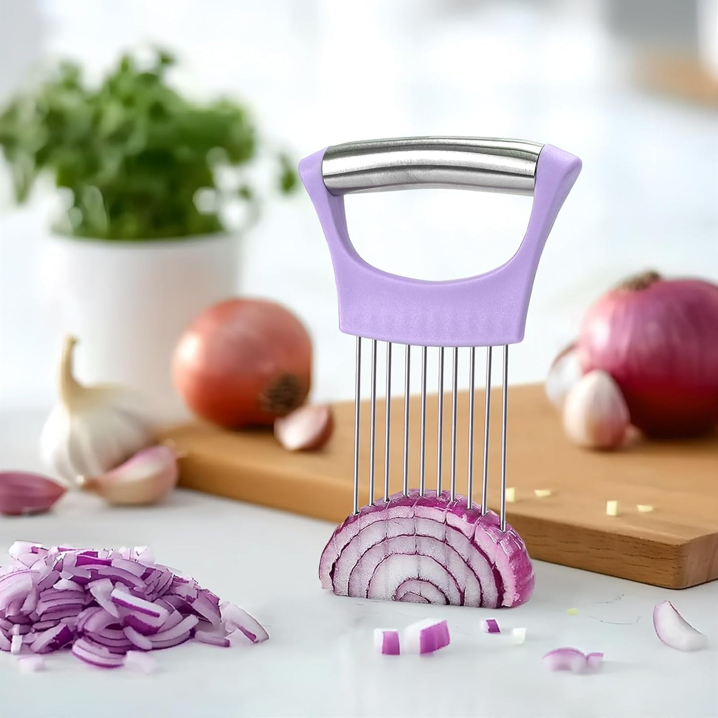 Stainless Steel Onion Holder for Slicing,Onion Slicer Holder, Onion Cutter for Slicing of Onions, Tomatoes,Avocados,Eggs and Other Vegetables, Kitchen Utensils Gift (Blue)