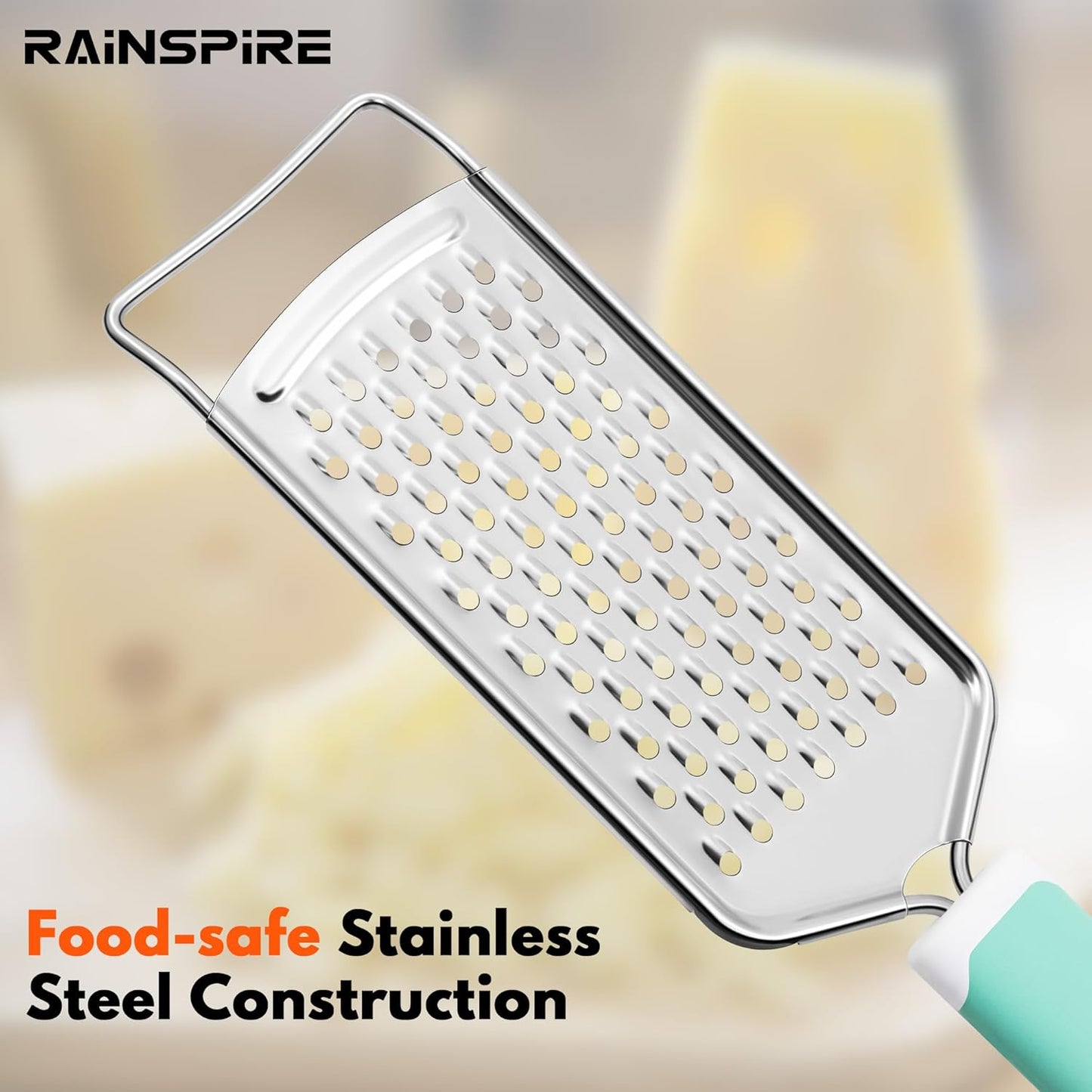Rainspire Professional Cheese Graters for Kitchen Stainless Steel Handheld, Metal Lemon Zester Grater With Handle For Cheese, Chocolate, Spices, Kitchen Gadgets And Tools, Soft Grip Handle, Black