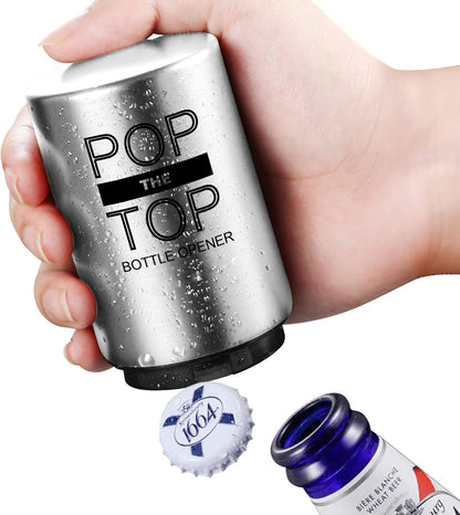 2PCS Beer Bottle Opener with Magnetic Cap, Automatic Stainless Steel One-Handed Bottle Cap Opener, Spring Loaded Push&Pop for Kitchen Home Bar Restaurant Household Utensils Destapador de Cerveza