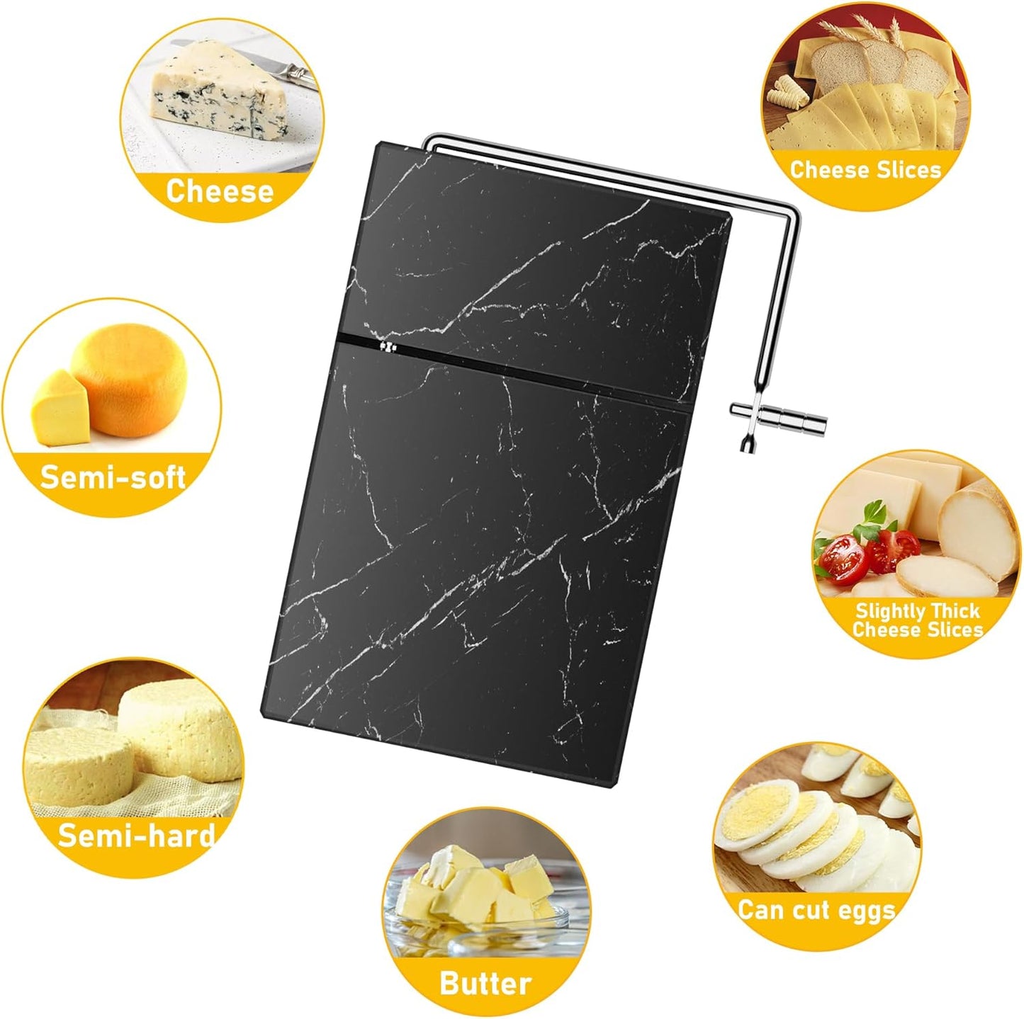 TOPULORS Cheese Slicer - Cheese Cutter with 5 Replacement Upgrade Thick Cutting Wires - Heavy Duty 5" x 8" Marble Board Cheese Slicer for Block Cheeses - Kitchen Gadget Cheese Tool - Black