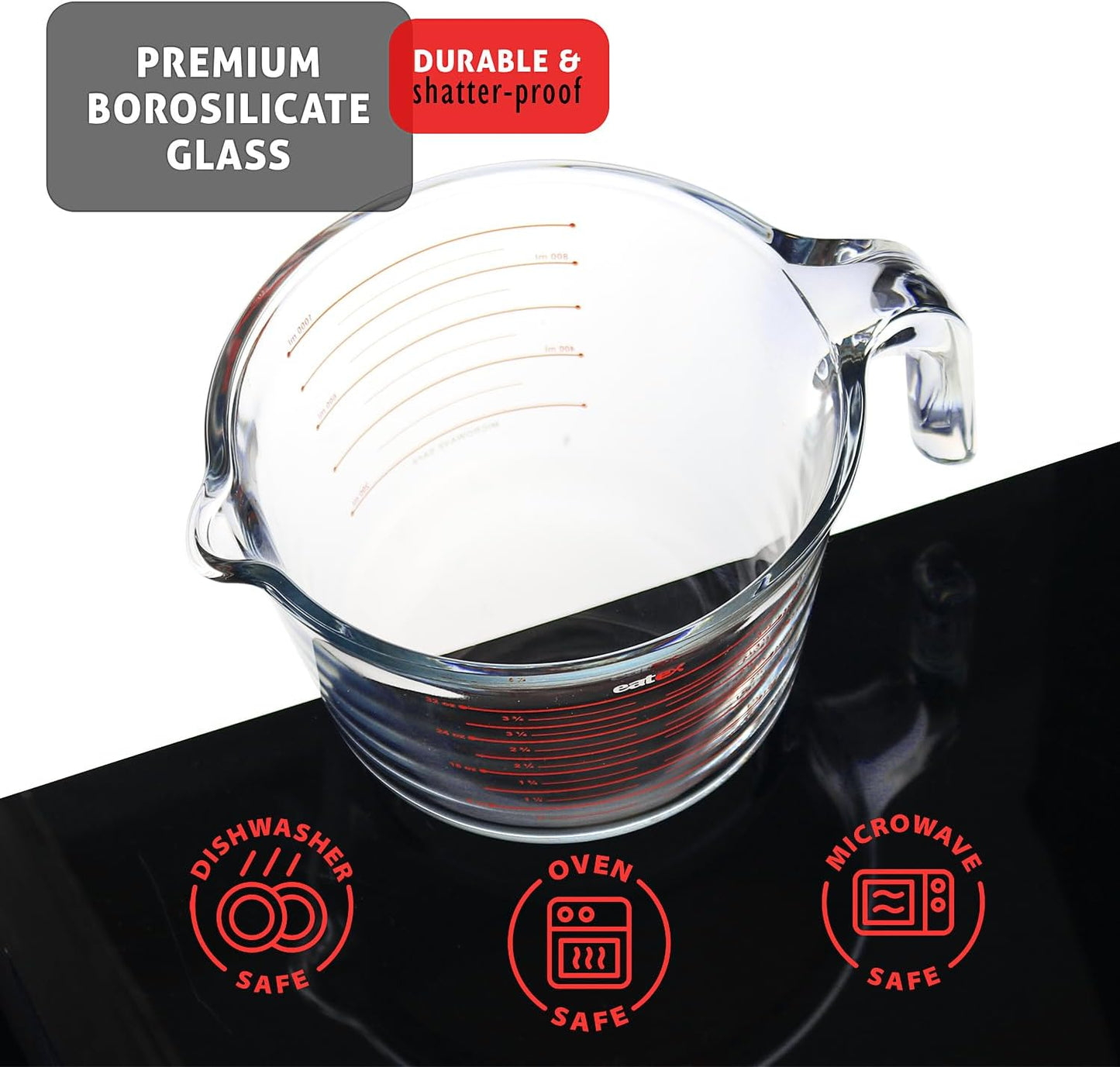 Eatex Glass Measuring Cups Set of 3 - Liquid Measuring Cups, Glass Measuring Cup Set - 1,2,4 Cup Measuring Cup - Dishwasher Oven, Microwave Safe Measure Cups