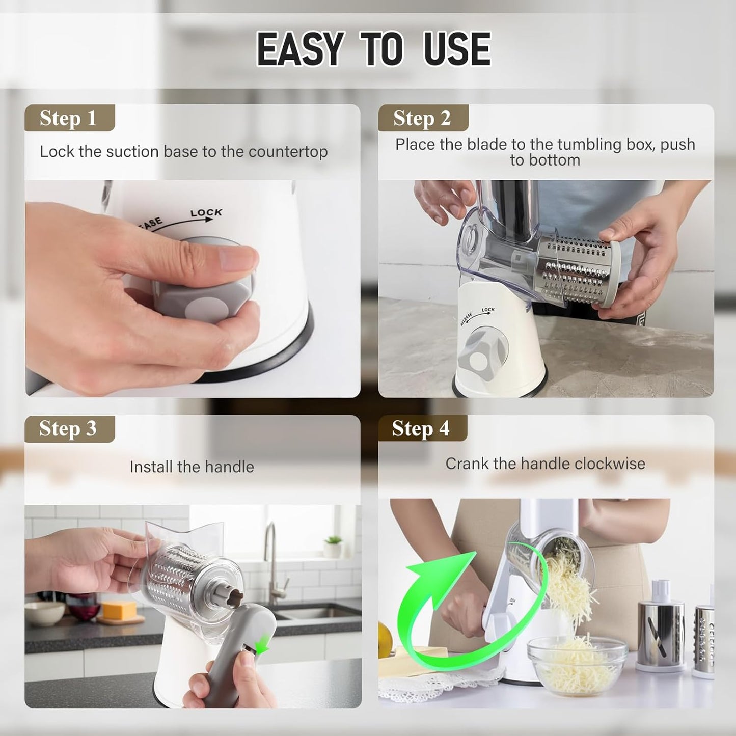 Rotary Cheese Grater, Hand Kitchen Crank Shredder Speed Mandolin Slicer Nuts Grinder with Handle and Drum Blades for Fresh Cheese, Vegetable, Fruit, Nuts, Non-slip Suction Base, 3 Blades
