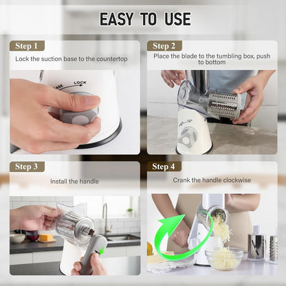 Rotary Cheese Grater, Hand Kitchen Crank Shredder Speed Mandolin Slicer Nuts Grinder with Handle and Drum Blades for Fresh Cheese, Vegetable, Fruit, Nuts, Non-slip Suction Base, 3 Blades