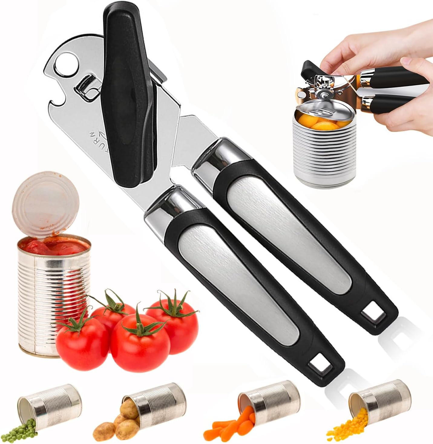 Manual Can Opener With Stainless Steel Cutting Wheel，Smooth Edge Can Opener Heavy Duty and Bottle Openers Easy to Use, Soft Comfortable Handle, Multifunctional Can Opener Tool, Black