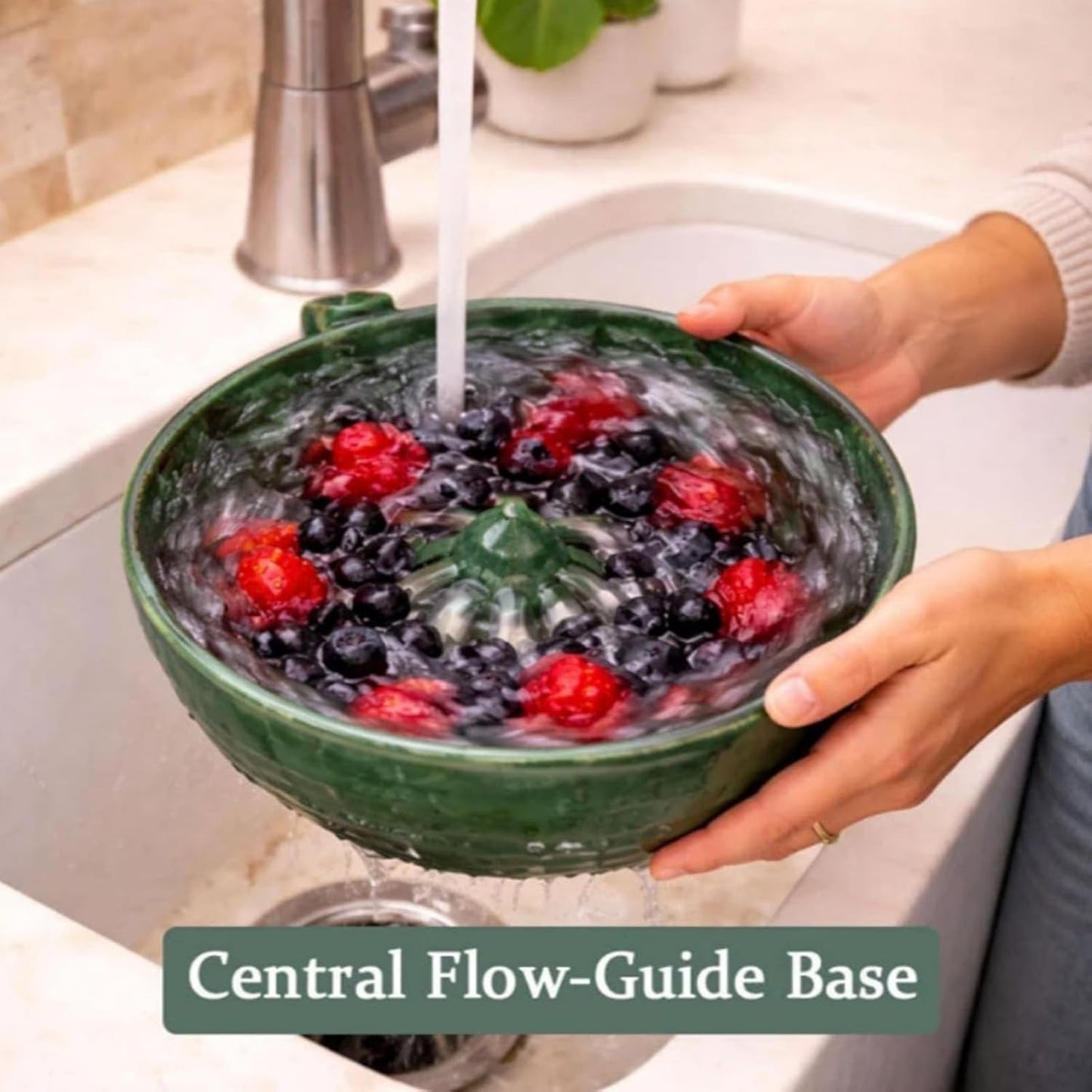 Self Spinning Berry Washing Bowl Ceramic, Automatic Berry Wash Bowl, Fruit and Vegetable Washer with Drain, Berry Bowl for Kitchen Trawberries Blueberries (1, 1pcs)