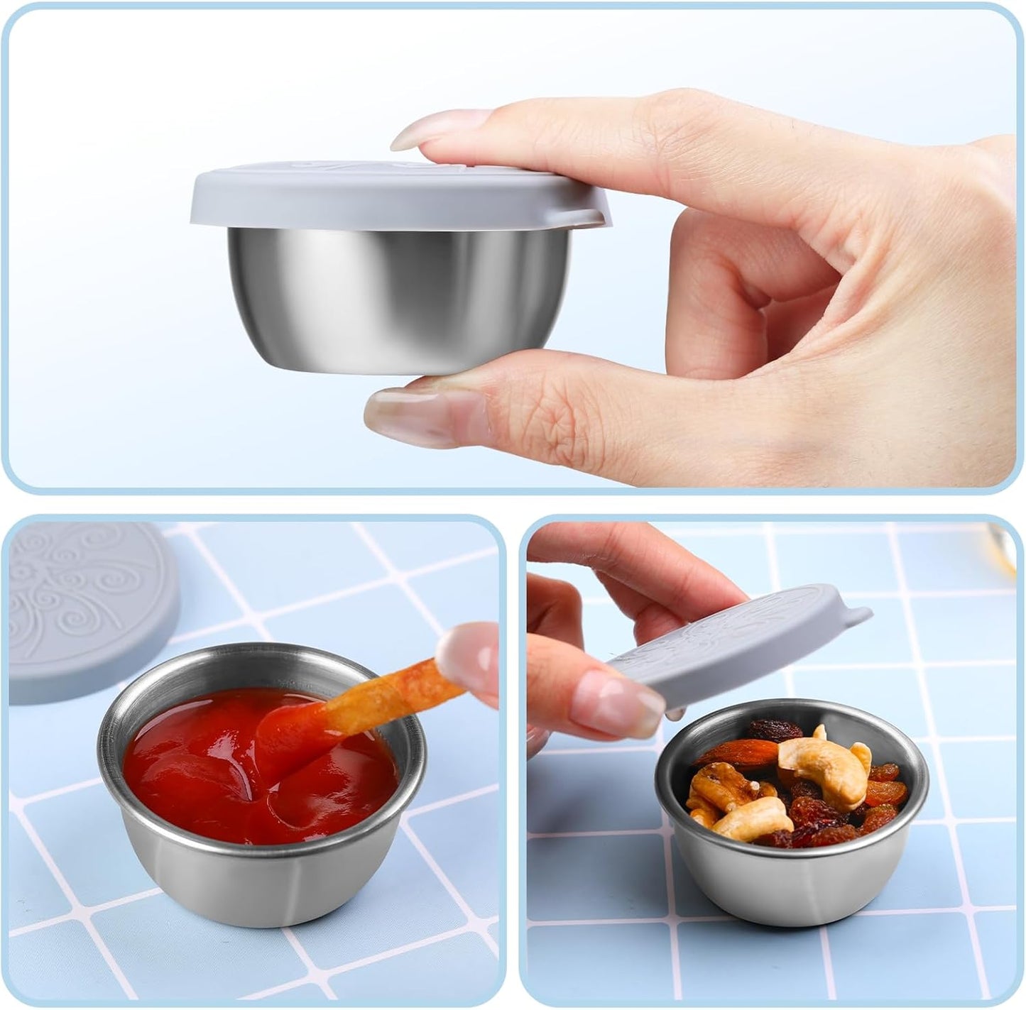 MICEBAY 8-Pack Salad Dressing Container To Go, 2-oz Silicone Small Condiment Squeeze Bottles and 1.6 oz Stainless Steel Sauce Containers Cups, Leakproof Condiment Containers with Lids for Lunch Box