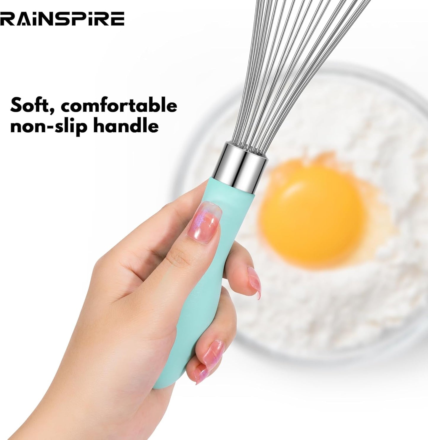 Rainspire 12-Inch Wire Whisk Stainless Steel, Balloon Whisks for Cooking, Wisk Wisking Tool With Soft Silicone Handle, Thick Durable Whisker for Blending, Beating, Whisking, Stirring, Pink