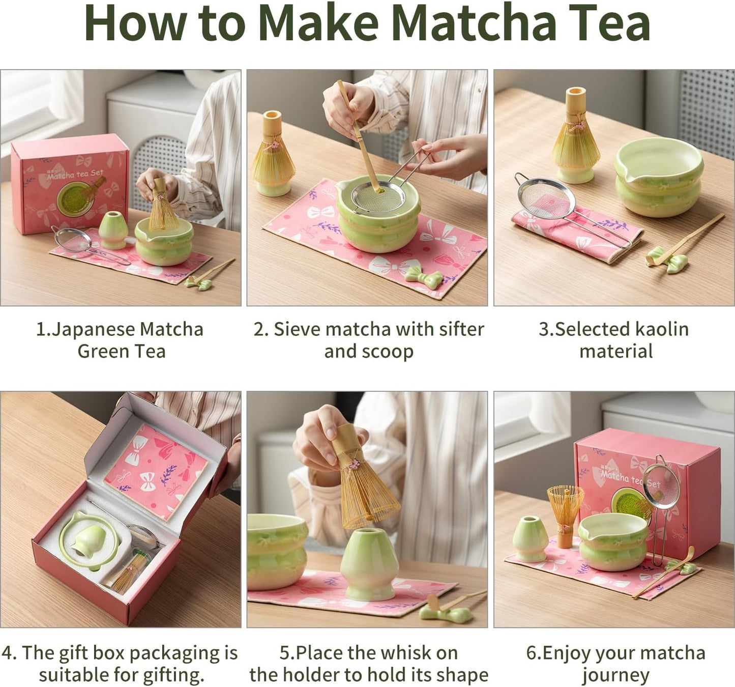 DWEHIXBUY Matcha Kit 7-Pcs matcha whisk set, Measuring Spoon, Japanese Tea Making Tools,Cha, tea bowl, pink matcha set (rosy)