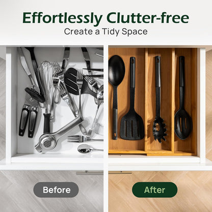 keechee Carbonized Bamboo Kitchen Drawer Organizer, 10 Slots Expandable Silverware Organizer, Utensil Holder & Cutlery Tray, 2.2" Deep for Extra Capacity, Non-Slip Feet Included