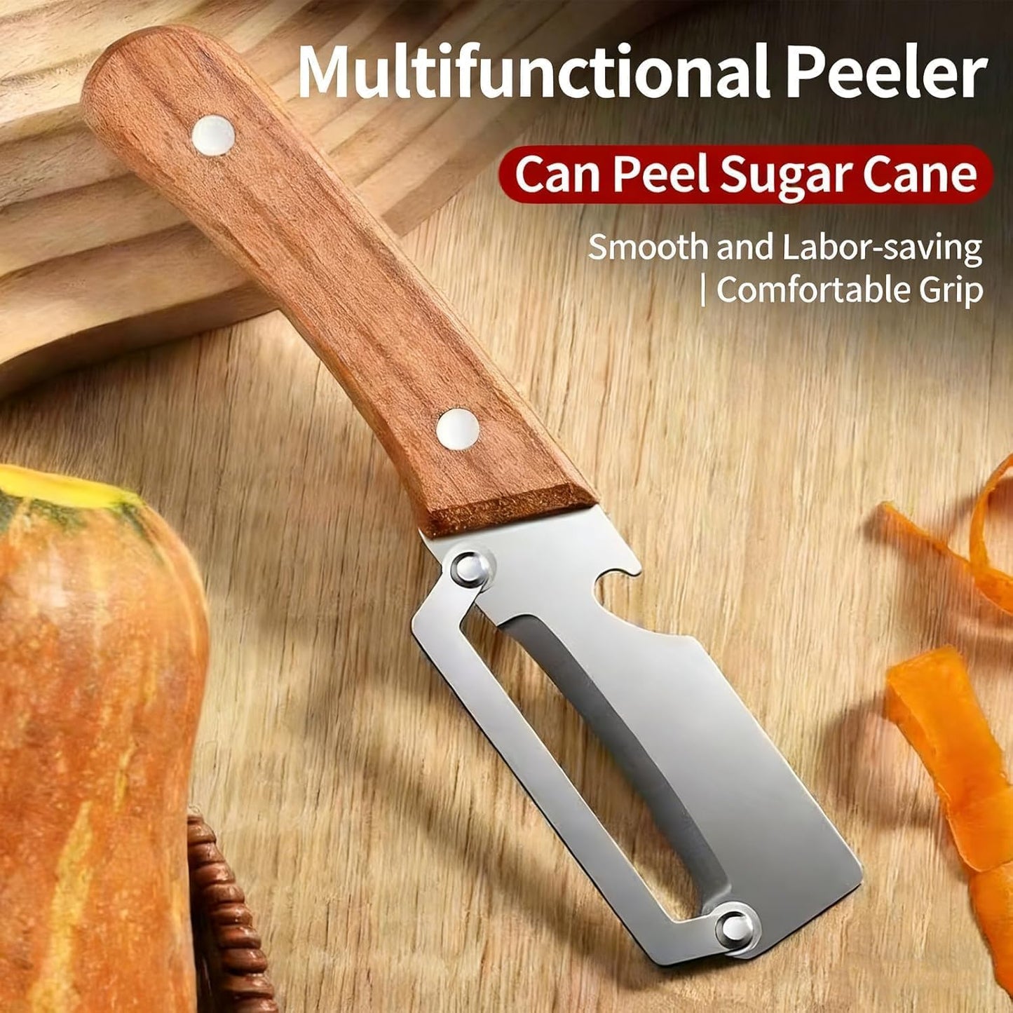 Multifunctional Vegetable Peeler, Premium Zero Snag Wooden Peeler for Kitchen Tool with Bottle Opener 2 in 1 Stainless Steel Kitchen Gadgets for Potatoes Pumpkinsp Carrots and Vegetables Fruits (1pcs)