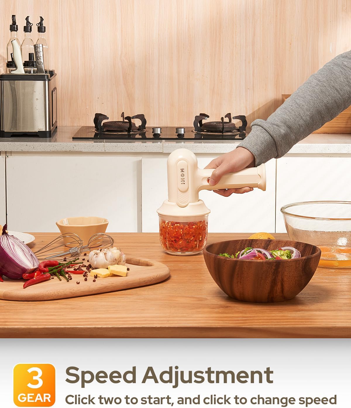 3-in-1 Hand Mixer, hand mixer electric handheld with Garlic Chopper to Cutting Onions, Peppers, 3-Speed Self-Control Electric Mixer with Type-C Charging Cable for Whipping or Mixing Eggs, Cream