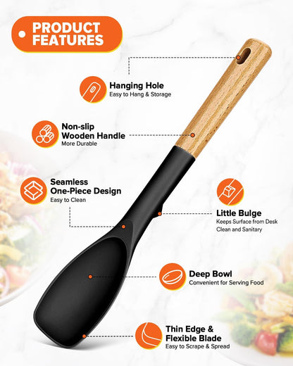Silicone Spatula and Spoonula Set, Great For Stirring, Tough Mixing and Folding, Sturdy Bpa-Free Matte Silicone, Wooden Handle Rubber Scraper For Nonstick Cookwares (Grey)
